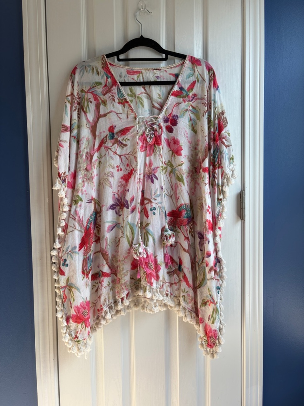 Z&L Boho Floral Poncho Swim Cover Up Beaded Tassel Pom Pom One Size